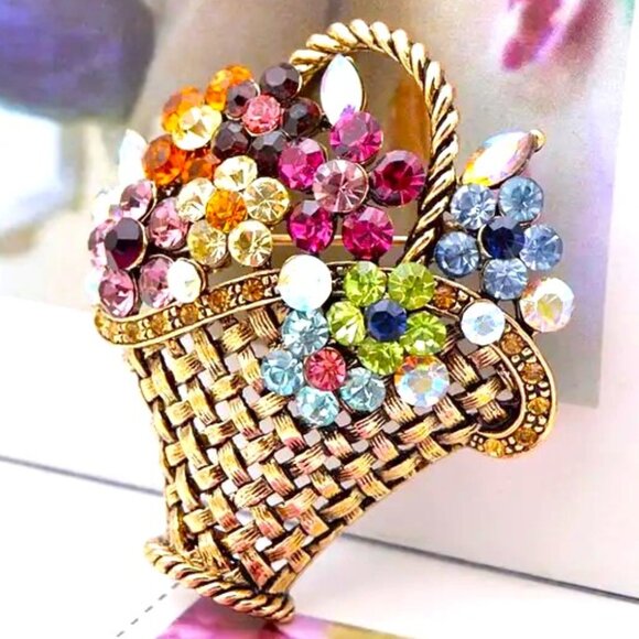Flower Brooch Bouquet Basket Rhinestone Pin Gems Crystal Colorful Stylish Glam - Picture 2 of 4